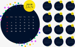 台历设计深蓝色圆圈2019台历矢量图高清图片