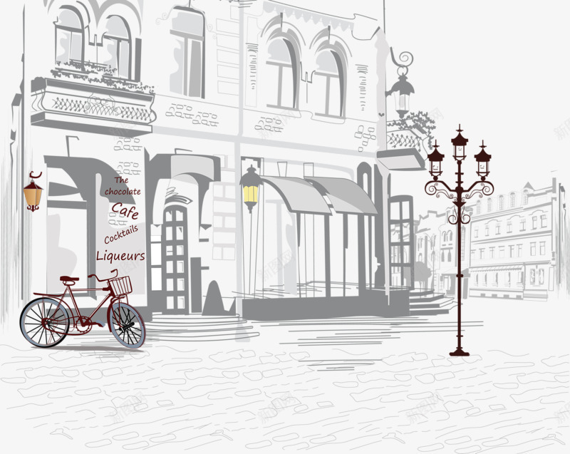 手绘城市街角png免抠素材_新图网 https://ixintu.com 城市 建筑 手绘 自行车