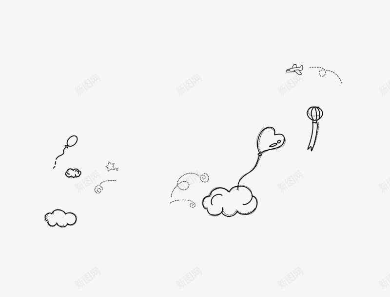 手绘黑白图案png免抠素材_新图网 https://ixintu.com 云朵 填色练习 心形 手绘 气球 黑白图案