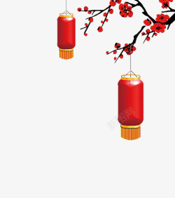 红色梅花树树枝上挂着的灯笼高清图片