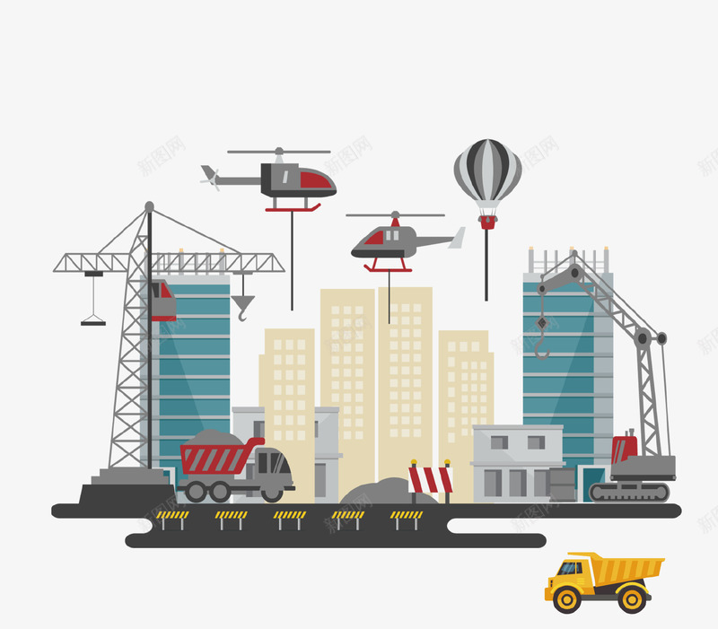 卡通创意城市建设插画png免抠素材_新图网 https://ixintu.com 创意设计 卡通 城市 建筑 插画 海报 直升机