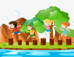 玩落叶的孩子孩子们在树桩上玩矢量图高清图片