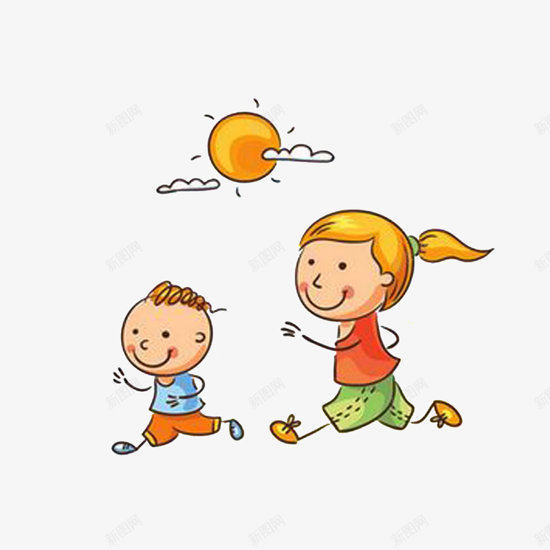 跑步的两姐弟png免抠素材_新图网 https://ixintu.com 健康运动 太阳 插画 跑步的两姐弟 跑着的人