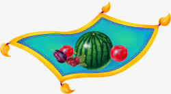 魔法飞毯放着水果的蓝色儿童魔法飞毯高清图片