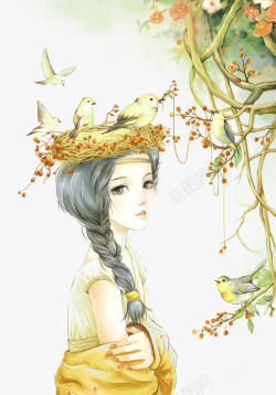 头上的鸟窝手绘美女高清图片