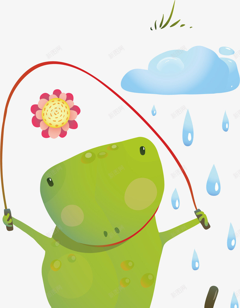 绿色青蛙矢量图ai免抠素材_新图网 https://ixintu.com 云朵 手绘 斑点 绳子 绿色青蛙 花朵 花瓣 雨水 矢量图