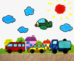 小孩学汽车卡通手绘公路上行驶的汽车高清图片