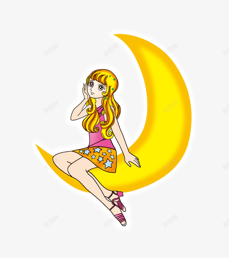 坐在月亮上的美女psd免抠素材_新图网 https://ixintu.com 月亮 美少女 黄色月亮