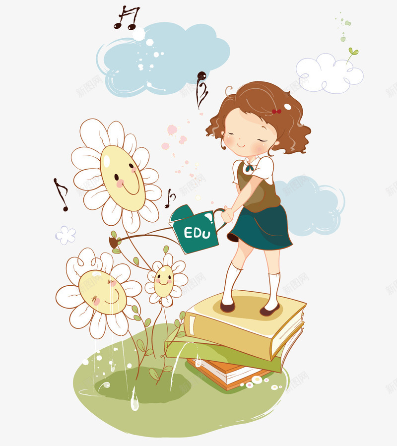 正在浇花的女孩png免抠素材_新图网 https://ixintu.com 卡通 向日葵 开心 白云