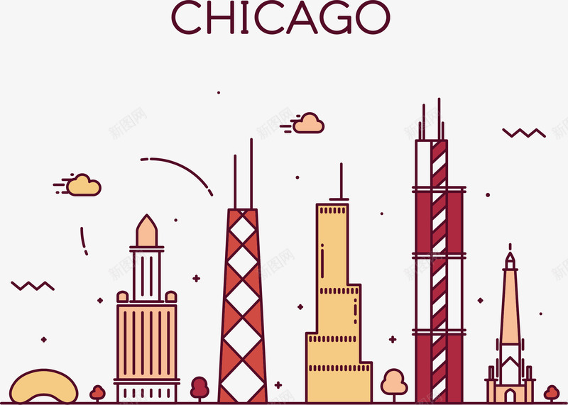 芝加哥街景png免抠素材_新图网 https://ixintu.com 云朵 手绘 树木 波浪线 素描高楼大厦 红色 避雷针 高楼大厦