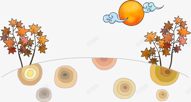 卡通花朵与月亮png免抠素材_新图网 https://ixintu.com 卡通月亮 叶子 月亮 树叶 白云 花草