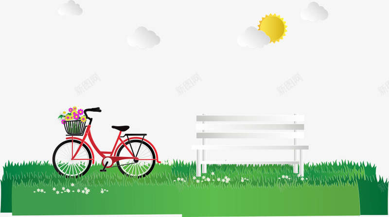 绿色草地上的自行车矢量图eps免抠素材_新图网 https://ixintu.com 凳子 单车 卡通自行车 太阳 白云 矢量自行车 绿色草地 自行车 矢量图