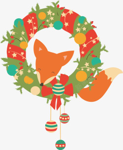 圣诞狐狸水彩圣诞花环装饰高清图片