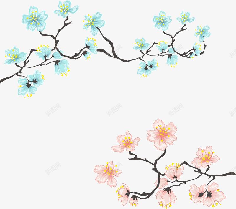 手绘蓝色花朵和粉色花朵png免抠素材_新图网 https://ixintu.com 手绘 树枝 樱花 粉色 花朵