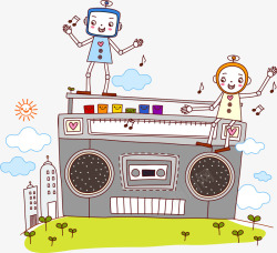 卡通录音机在收音机上跳舞的机器人高清图片