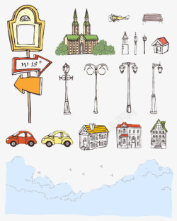 小车插画手绘城市风景路灯插画小车高清图片