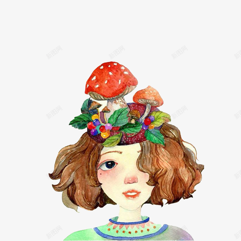 蘑菇女孩png免抠素材_新图网 https://ixintu.com 卡通 可爱的眼睛 手绘 短发 美丽的花环 蘑菇