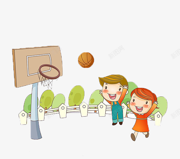 一起打篮球的小朋友png免抠素材_新图网 https://ixintu.com 卡通手绘 小女孩 小男孩 打篮球 篮球框 篮球社 运动