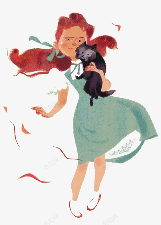 抱着猫的女孩png免抠素材_新图网 https://ixintu.com 卡通 复古女孩 手绘 插画 欧美 黑猫