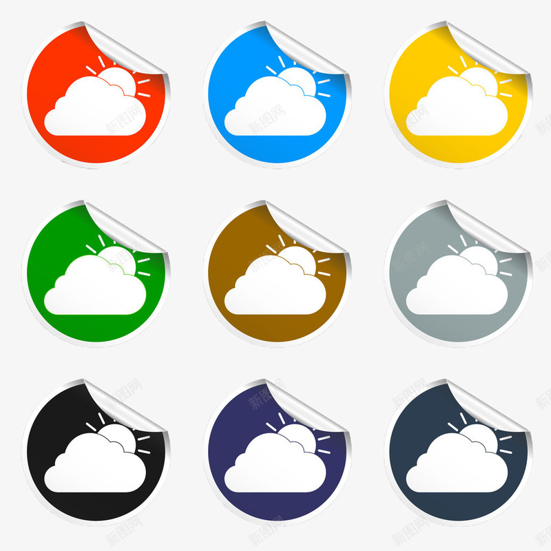 彩色的天气图标贴纸psd_新图网 https://ixintu.com 云朵 天气图标 彩色 彩贴 贴纸 风雨气温图