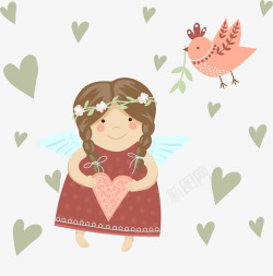 可爱天使女孩和小鸟矢量图素材