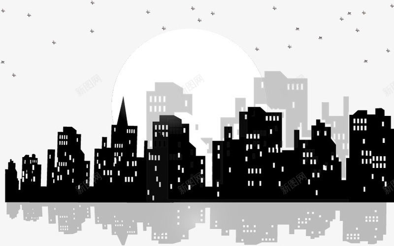 夜晚的城市和月亮剪影png免抠素材_新图网 https://ixintu.com 倒影 城市 月亮 高楼