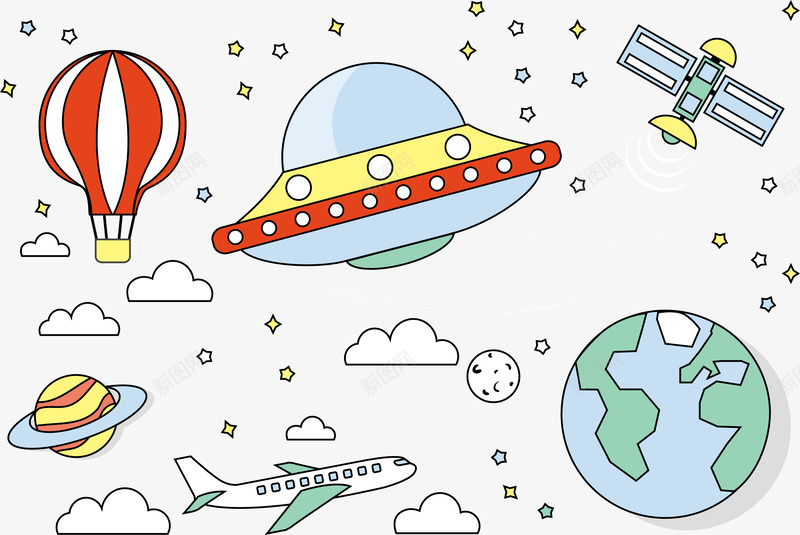 彩绘外星飞船热气球png免抠素材_新图网 https://ixintu.com 外星飞船 彩绘 热气球 白云 绿色地球 飞机