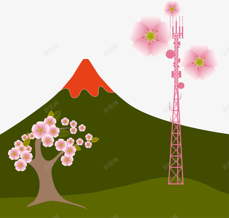 装饰富士山樱花和粉色信号发射塔矢量图eps免抠素材_新图网 https://ixintu.com 信号发射塔 富士山 樱花 矢量图 粉色 美丽的富士山 装饰