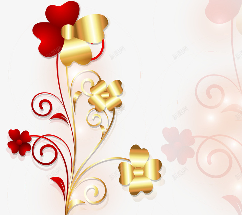 温馨装饰背景红色花朵png免抠素材_新图网 https://ixintu.com 温馨 粉色 红色 花朵 金色树枝