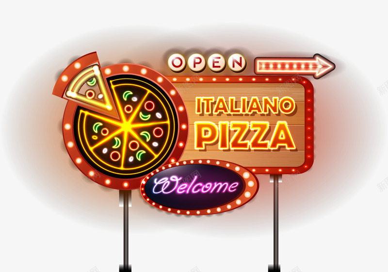 卡通黄色标牌矢量图ai免抠素材_新图网 https://ixintu.com open pizza 卡通 圆圈 圆点 标牌 炫光 矢量图 英文开业 边框 黄色