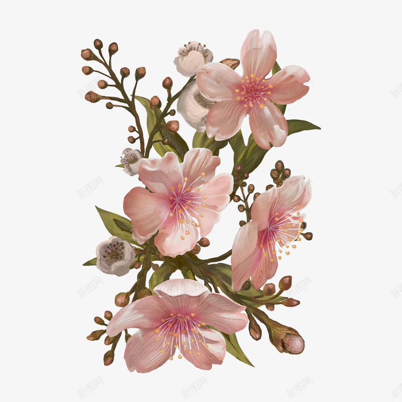 粉色桃花植物png免抠素材_新图网 https://ixintu.com 卡通植物 树枝 粉色桃花 绿色叶子 背景装饰 花卉植物