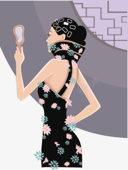 花朵旗袍穿特色旗袍的美女照镜子高清图片
