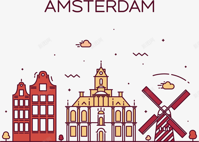 阿姆斯特丹街景png免抠素材_新图网 https://ixintu.com 云朵 建筑 手绘 条纹 浪线 窗户 红色 风车