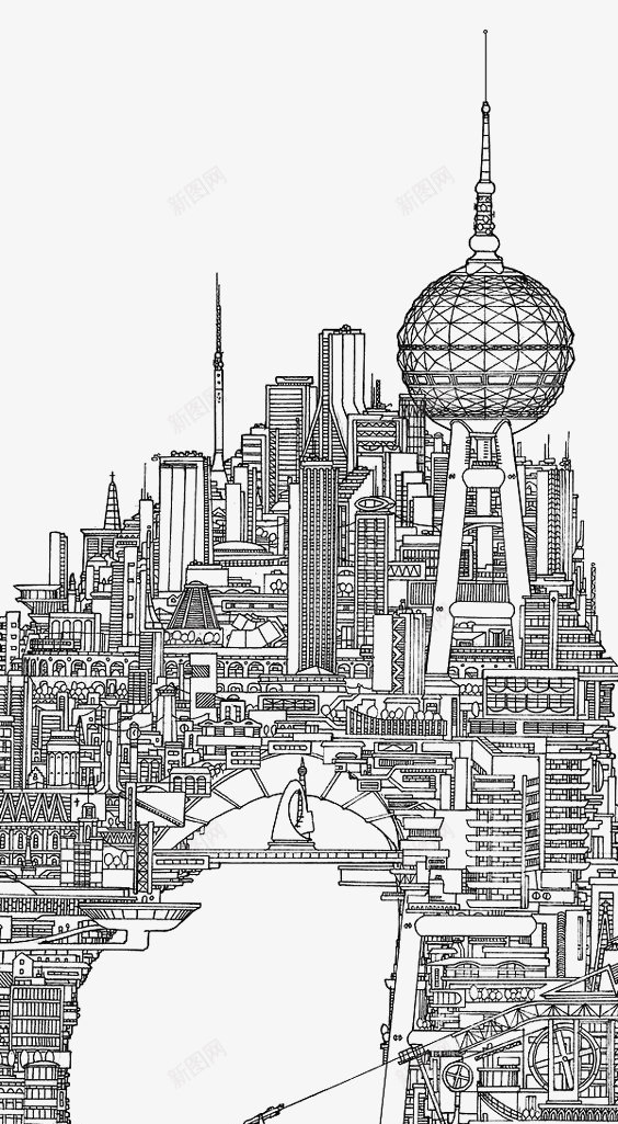 科技都市png免抠素材_新图网 https://ixintu.com 卡通 城市 手绘 插画 白描 都市