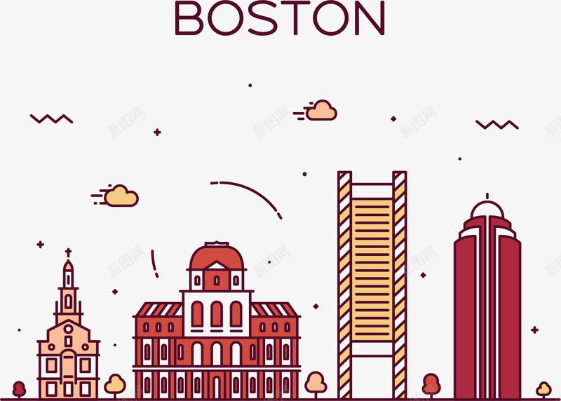 波士顿街景png免抠素材_新图网 https://ixintu.com 云朵 城堡 手绘 条纹 树木 浪线 红色