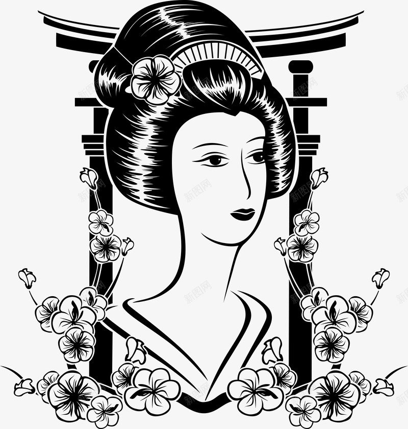日本艺妓png免抠素材_新图网 https://ixintu.com 女性 日本元素 樱花 黑色线描人物