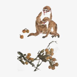 吊树枝的猴子中国风水墨棕色猴子和水果插图免高清图片