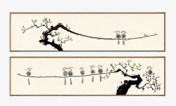 简洁横幅小鸟与树枝挂画高清图片