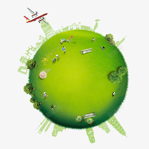 绿色自然装饰地球png免抠素材_新图网 https://ixintu.com 圆形 城市 彩色飞机 简约树木 绿色底纹 装饰图