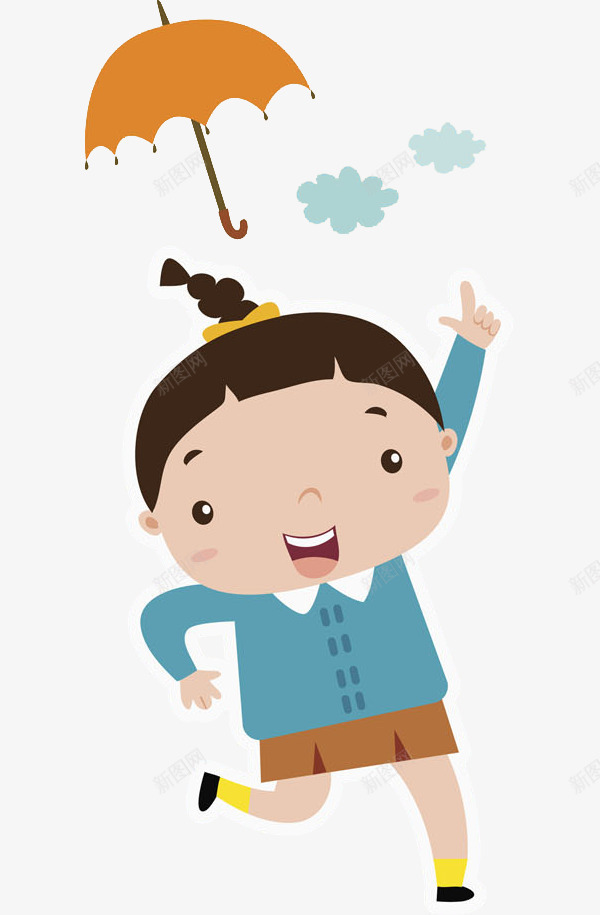 可爱妹妹png免抠素材_新图网 https://ixintu.com 云朵 人物 卡通 女孩 开心 手势 手绘 橙色 蓝色 雨伞