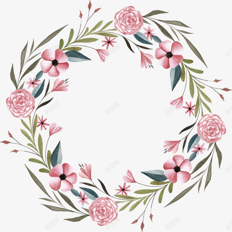 手绘花卉花环png免抠素材_新图网 https://ixintu.com 底图 手绘花卉花环 水彩花卉花环 清新花环 漂亮花卉花环 相框 装饰图案 边框