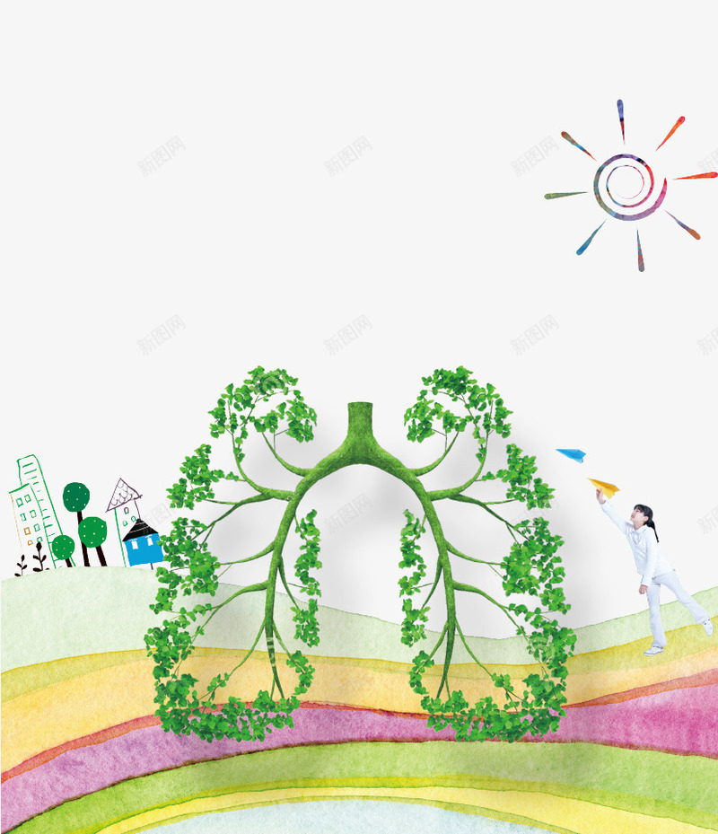 卡通创意绿色树叶肺部插画psd免抠素材_新图网 https://ixintu.com 健康 公益广告 创意设计 卡通 海报 绿色 肺