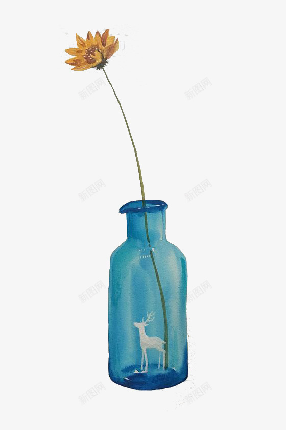 蓝色鲜花png免抠素材_新图网 https://ixintu.com 卡通 手绘 水彩 花瓶 蓝色 装饰 鲜花 黄色