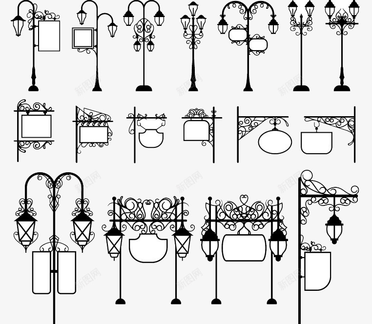 复古带广告牌的路灯矢量图ai免抠素材_新图网 https://ixintu.com 复古 广告牌 招牌 街灯 路灯 黑白 矢量图
