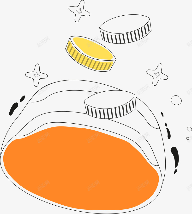 卡通钱包png免抠素材_新图网 https://ixintu.com 卡通 可爱 手绘 插画 橙色 线条 金币 钱 钱包 钱币