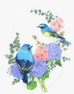 飞在彩色鲜花上的小鸟水彩小鸟高清图片
