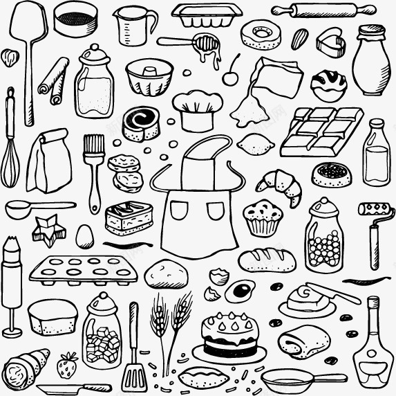 手绘厨房用品png免抠素材_新图网 https://ixintu.com 手绘 线框 黑白