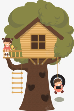 树上的房屋深色手绘风格树屋矢量图高清图片