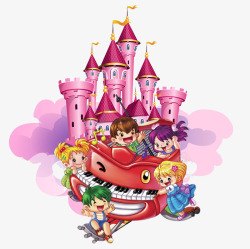 简约城堡简约六一儿童节城堡人物插画高清图片