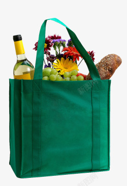 带提手的购物袋里的食物和鲜花高清图片
